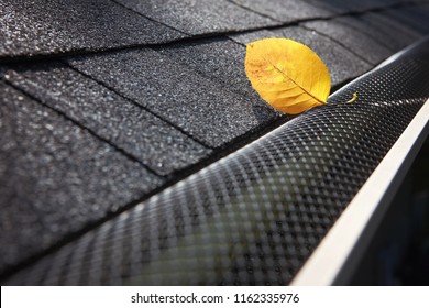 Plastic guard over gutter on a roof with a leaf stuck on the outside