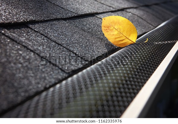 Plastic guard over gutter on a roof with a leaf\
stuck on the outside