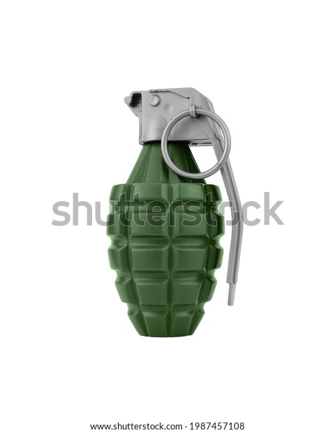 Plastic\
hand grenade toy isolated on white\
background.