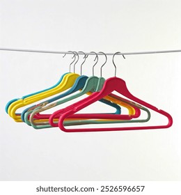 Plastic hangers hang on a clothesline, showcasing a variety of colors in a minimalist setting. Perfect for concepts of organization, simplicity, and order, isolated on white background. - Powered by Shutterstock