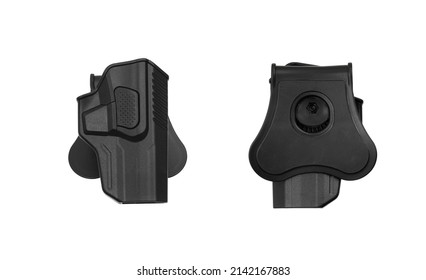 Plastic holster for a pistol. Accessory for convenient and concealed carrying of weapons. View from all sides. Isolate on a white background.