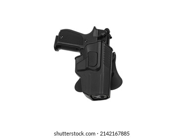 Plastic holster for a pistol. Accessory for convenient and concealed carrying of weapons. View from all sides. Isolate on a white background.