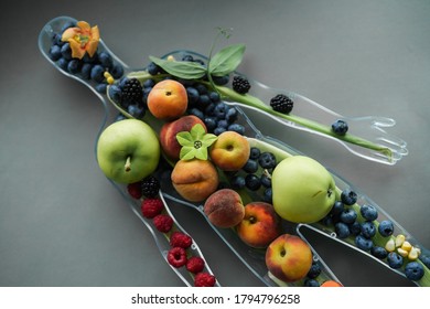 Plastic Human Body Full Of Fruit And Berry In Gray Paper Background. Healthy Diet Illustration With Fresh Ingredients In The Men. Beautiful Vegan Food For Tasty Eating.