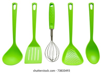 Plastic Kitchen Utensils Isolated On White. Clipping Path Included.