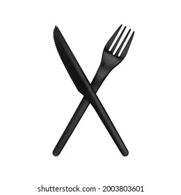 Plastic knife and fork set white background isolated closeup, disposable plastic tableware, one-off black plastic fork and knife, kitchen utensil, cutlery, breakfast, lunch, dinner, supper, fast food