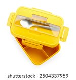 Plastic lunch box with cutlery and lid isolated on white, top view