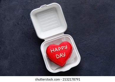 Plastic Lunch Box With Tasty Bento Cake On Dark Background