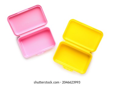 Plastic lunch boxes on white background