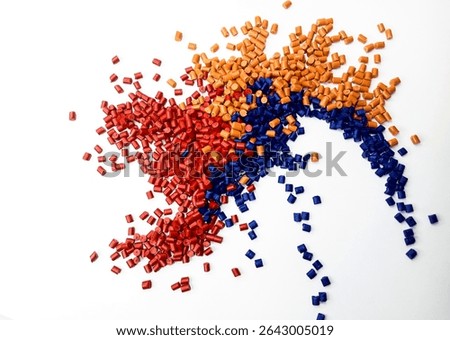 plastic masterbatch, colorful polymer masterbatch type cold cutting raw material granular, isolated on white background, for product catalog design of plastic manufacturing industry company profile	