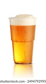 plastic mug with beer on white background