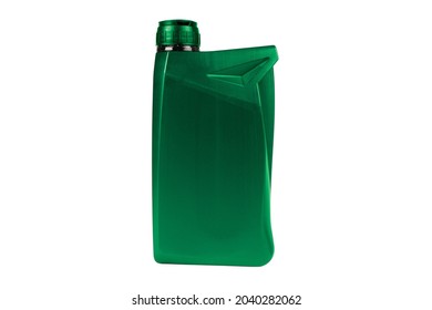 Plastic oil canister isolated on white background. Storage Tank. Canister for gasoline, diesel and gas. Green plastic canister for technical liquids isolated over white.