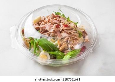 Plastic Package With Healthy Baked Ham Salad For Take Away Or Food Delivery On White Background. Food In Lunch Box. Close Up