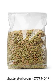 Plastic Packet Of Dried Lentil Isolated On White