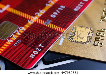 Plastic payment cards with chip close up