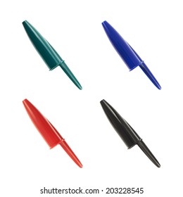 Plastic pen caps, isolated over the white background, set of four color versions