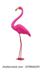 A Plastic Pink Flamingo Standing On A White Background