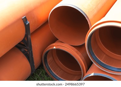 Plastic pipes for external sewerage, elements of a sewerage system. Close-up photo