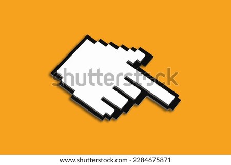 Plastic pixelated pointer cursor shape isolated on vibrant yellow background.