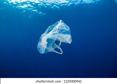 Plastic pollution:- A discarded plastic bag floats in a clear, blue water, tropical ocean