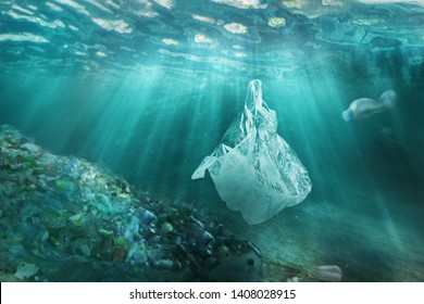 Plastic Pollution In Ocean Environmental Problem. Plastic Bags And Bottles Pollute Sea. Underwater Trash.