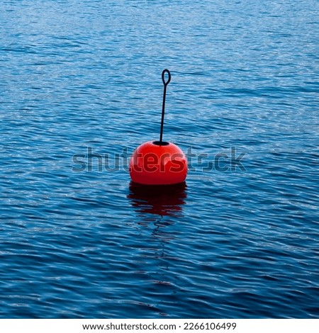 Plastic red bouy on a calm lake isolated on blue background