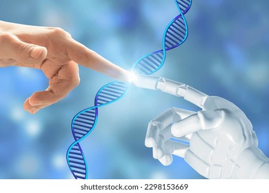Plastic robot arm, and human hand pointing at DNA. Artificial intelligence AI genetically modified concept. Microbiology programming.