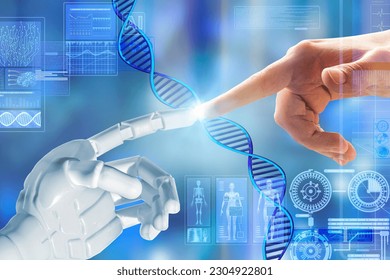 Plastic robot arm, and human hand pointing at DNA. Futuristic Holographic Interface, showing medical Data in augmented reality from artificial intelligence AI. Microbiology programming.