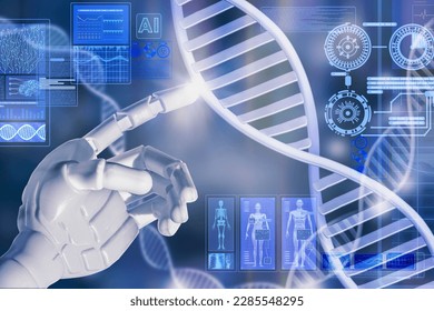 Plastic robot arm pointing at DNA. Futuristic Holographic Interface, showing medical Data in augmented reality from artificial intelligence AI. Microbiology programming.