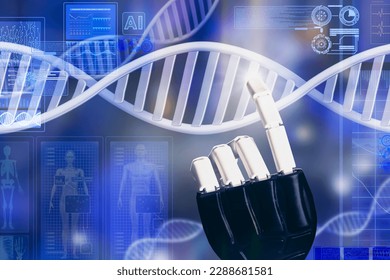 Plastic robot arm pointing at DNA. Futuristic Holographic Interface, showing medical Data in augmented reality from artificial intelligence AI. Microbiology programming.