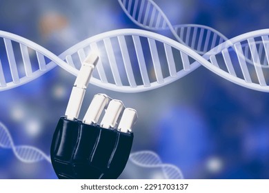 Plastic robot arm pointing at DNA. Artificial intelligence genetically modified AI concept. Microbiology programming, abstract background.