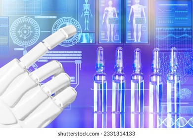 Plastic robot arms hand poiting at Futuristic Holographic Interface, showing medical Data in augmented reality from artificial intelligence AI. Close up view