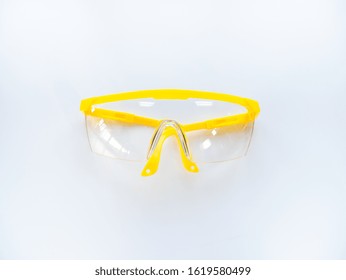 Plastic safety goggles glasses eyewear for security, waterproof resistant or protect your eyes with yellow guard line and transparent lens object design style on isolated white background