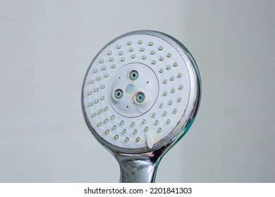 Plastic Shower Head. Chrome Plate  Of Bathroom Shower Close Up.