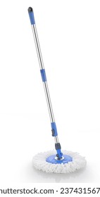 Plastic spin mop with handle stick and round brush for floor cleaning. Domestic manual supply for housework.also known as round spin floor mop.with stainless steel pipe and microfiber cleaning cloth.