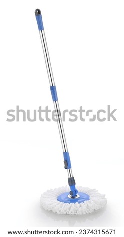 Plastic spin mop with handle stick and round brush for floor cleaning. Domestic manual supply for housework.also known as round spin floor mop.with stainless steel pipe and microfiber cleaning cloth. ストックフォト © 