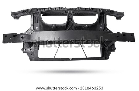 Plastic stiffener reinforcement for the front panel of the car black body spare part of the strengthener of bumper. Equipment for sale or installation in auto service or garage. Car parts catalog.