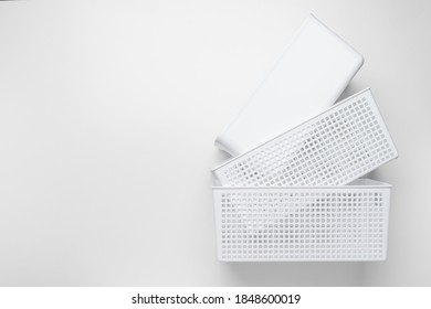 Plastic storage case on white background