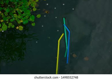 Plastic Straw In The Pond Or River.  The Conceptual Concept Of Save The Earth By To End Plastic Waste Pollution.