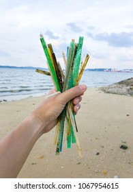 Plastic straws found on a beach in Singapore