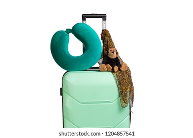 Plastic Suitcase With Wheels, Soft Toy, Travel Pillow, Neck Scar