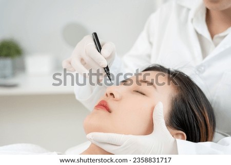plastic surgery, beauty, Surgeon or beautician touching woman face, surgical procedure that involve altering shape of nose, doctor injection to prepare for rhinoplasty, medical assistance, health
