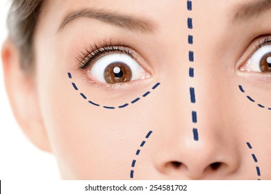 Plastic surgery funny concept - scary face scared woman. Closeup of female facial features expressing surprise and shock for medical procedure. Surgical mark lines under eyes, nose and around mouth.