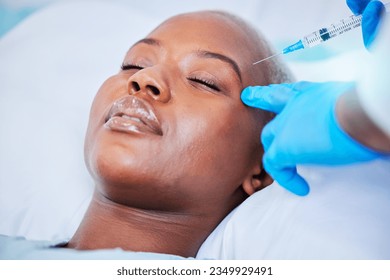 Plastic surgery, injection and black woman on a hospital bed with dermatology with mockup space. Surgeon, facial change and medical filler for skincare, syringe and wellness in a clinic with doctor
