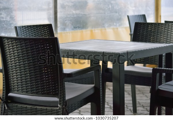 Plastic Table Chairs Yard Small Cafe Stock Photo Edit Now 1030735207