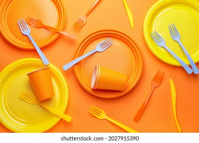 Plastic Tableware On Color Background