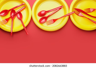 Plastic Tableware On Color Background