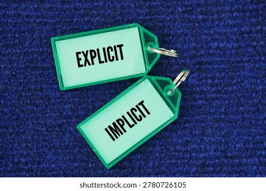 Plastic tag with the words explicit and implicit. Explicit – clearly stated so there is no room for confusion or questions. Implicit – implied or suggested, but not clearly stated.