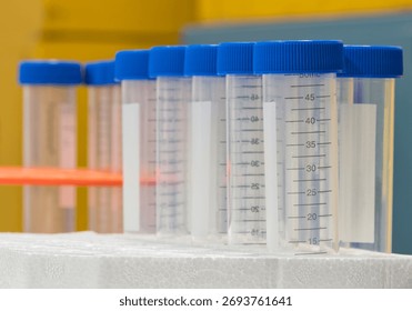 Plastic test tubes empty bottle vials milliliter measurement with caps in styrofoam tray.