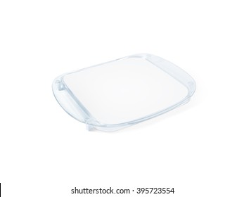 Plastic Tip Tray With Blank Paper Mockup Isolated On White. Clear Sheet Mock Up In Acrylic Transparent Coin Holder. Change Plate For Store Branding. Shop Identity Odd Money Plate. Plain Cash Tray.