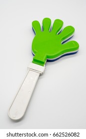 Plastic Toy Hand Clapper Green And White Color Isolated On White Background